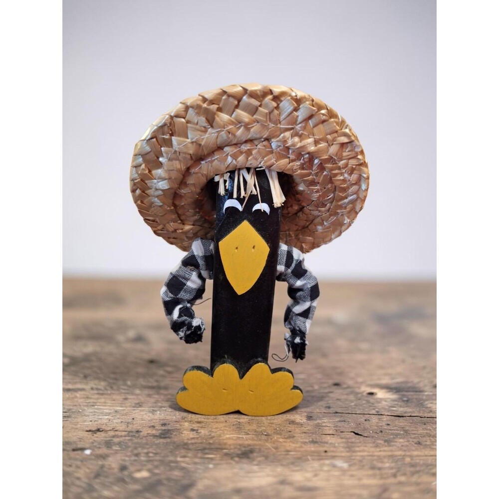 Rustic Wooden Crow Fall Farmhouse Country Decor with Straw Hat and Plaid Sleeves